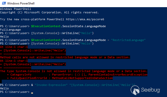 Escaping RestrictedLanguage mode in Powershell