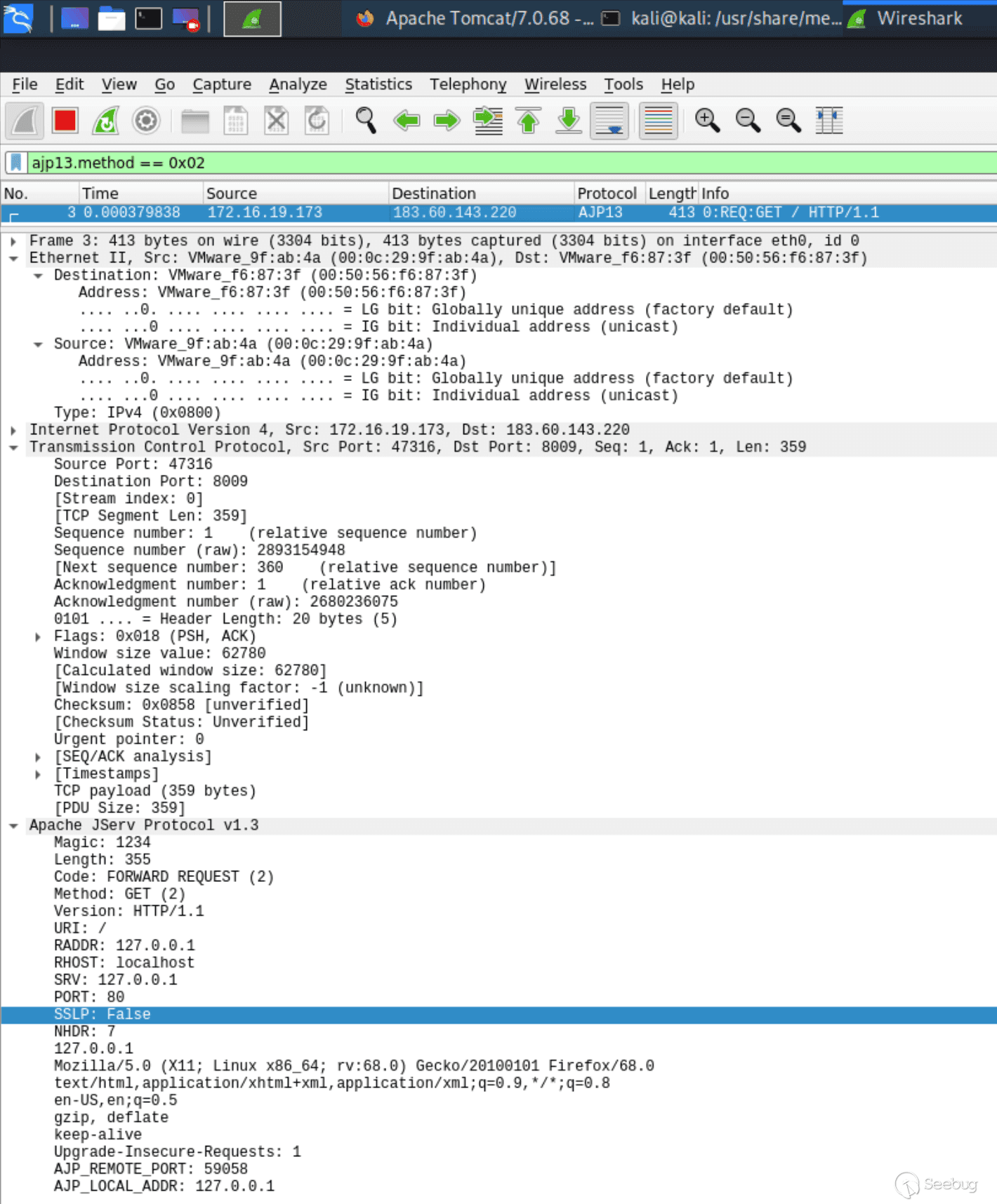 wireshark captured ajp request packet