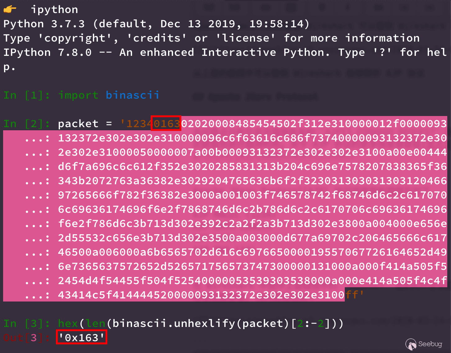 python code: hex(len(binascii.unhexlify(packet)[2:-2]))