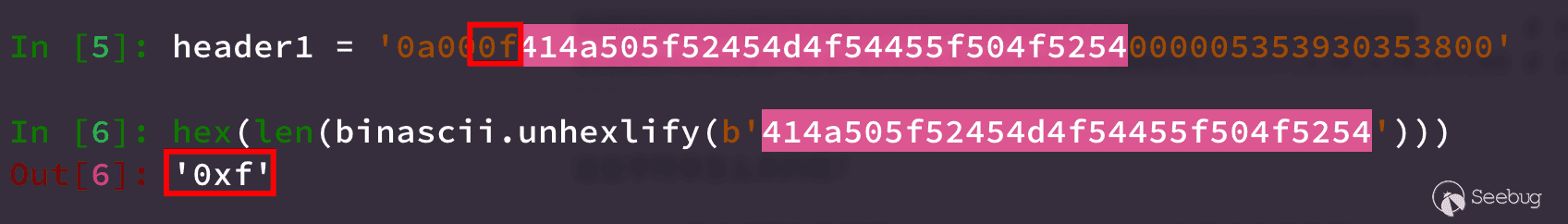 header1 = '0a000f414a505f52454d4f54455f504f5254000005353930353800' hex(len(binascii.unhexlify(b'414a505f52454d4f54455f504f5254')))