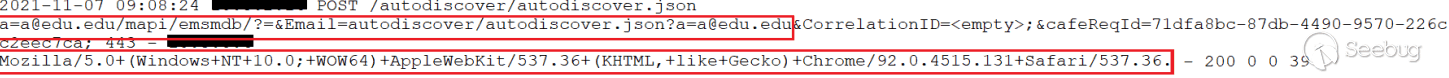 Figure 1. Exploiting CVE-2021-26855, as seen in the IIS
logs