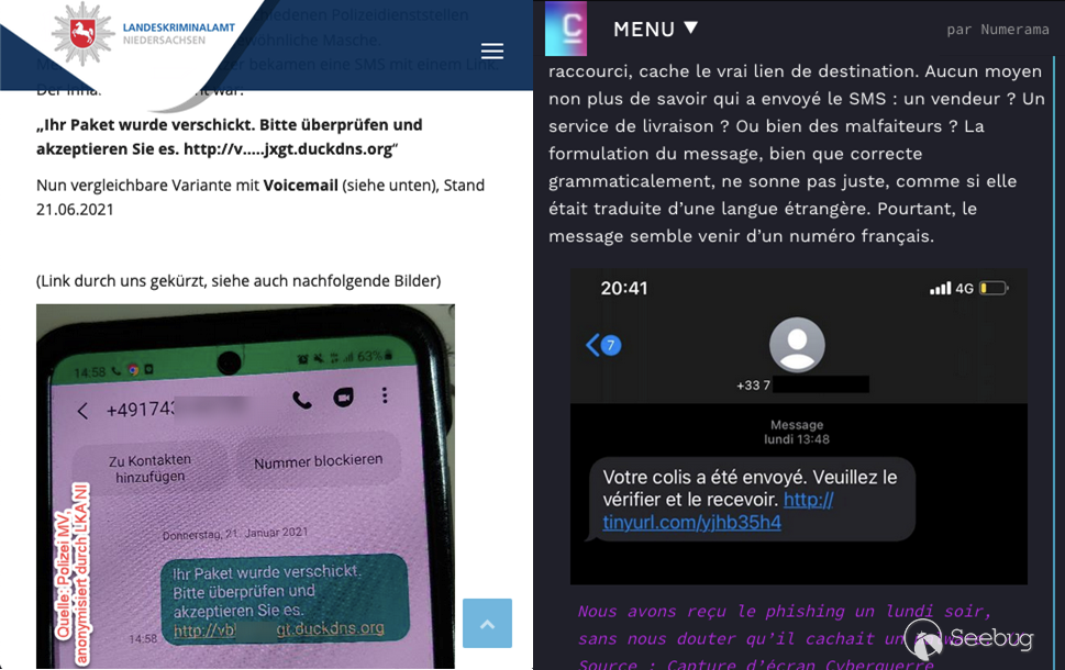 Smishing alerts on German and French
websites