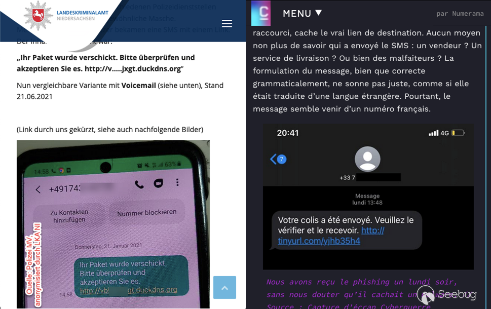 Smishing alerts on German and French websites