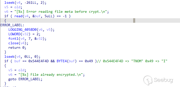 Figure 7. Code snippet to check for the presence of the “MONTI” string via the last 261 bytes of the file to be encrypted