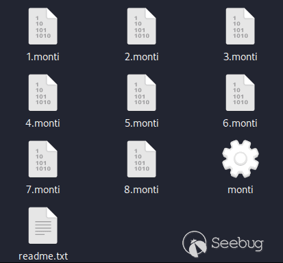 Figure 14. Appending the .monti suffix to encrypted files (top) and the ransom note