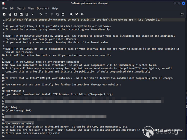 Figure 14. Appending the .monti suffix to encrypted files (top) and the ransom note