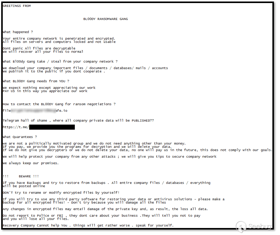 BL00DY RANSOMWARE GANG (Source: https://twitter.com/malwrhunterteam/status/1574260677597925376 )