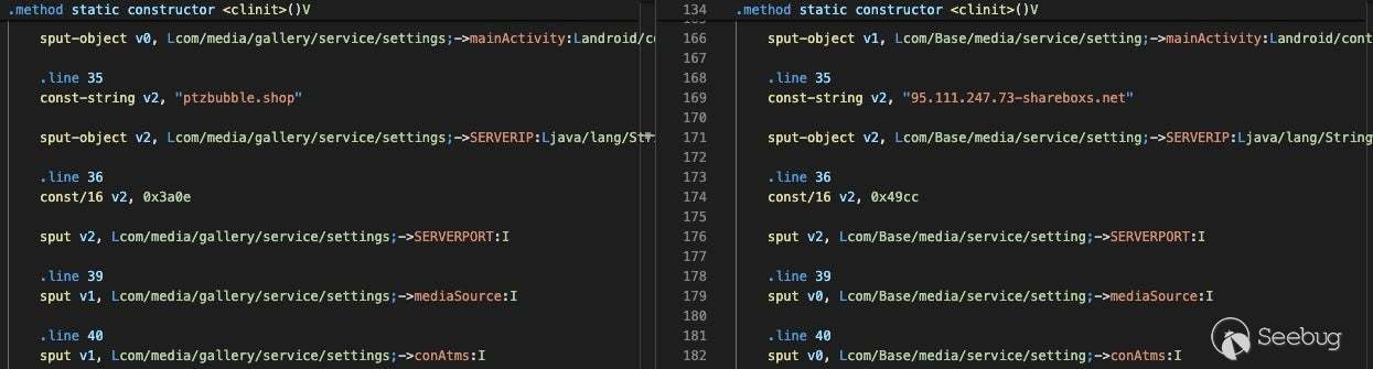 C2 configuration from yt.apk (left) and YouTube_052647.apk (right)